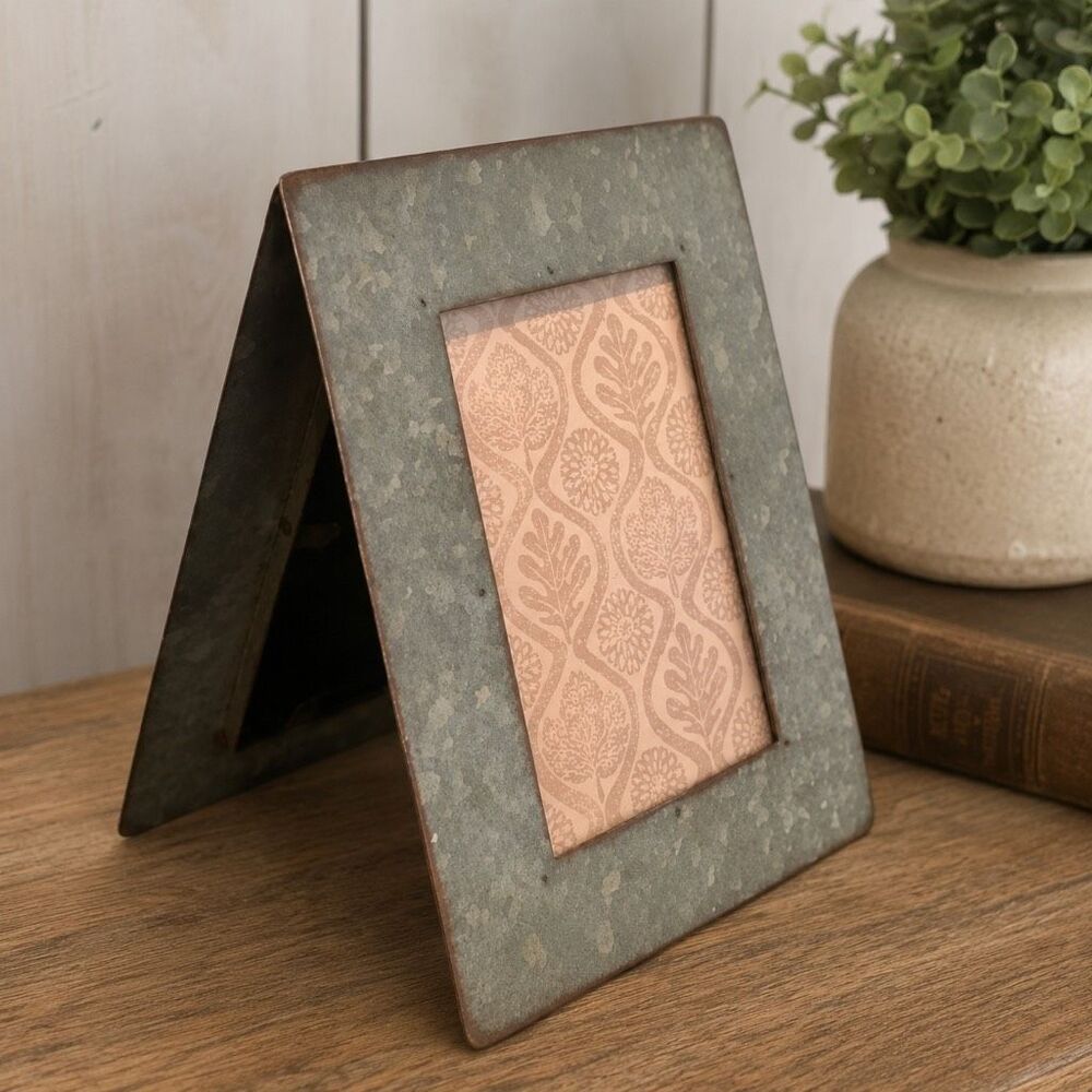 Rustic Galvanized Metal 4x6 Double Photo Frame – Industrial Farmhouse Tabletop